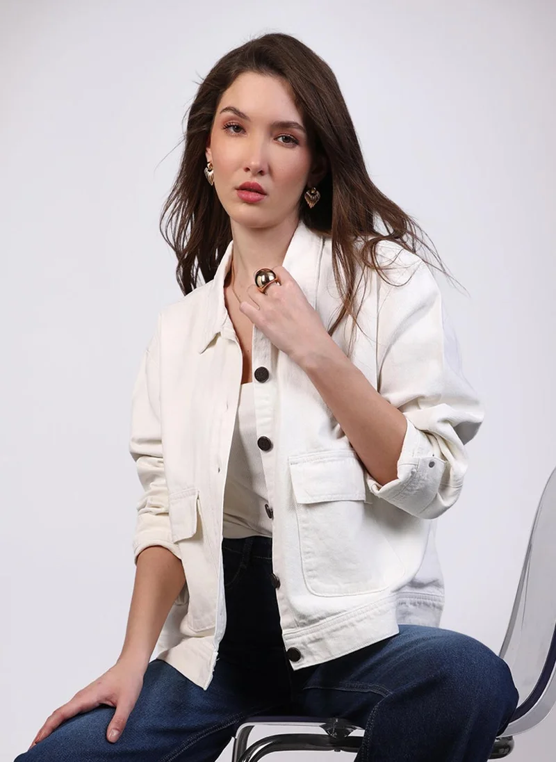 Urbano Fashion Urbano Fashion Women's White Relaxed Fit Full Sleeve Utility Denim Jacket